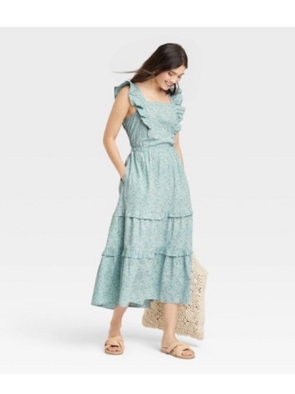 Universal Thread Aqua Floral Midi Dress with Ruffle Straps